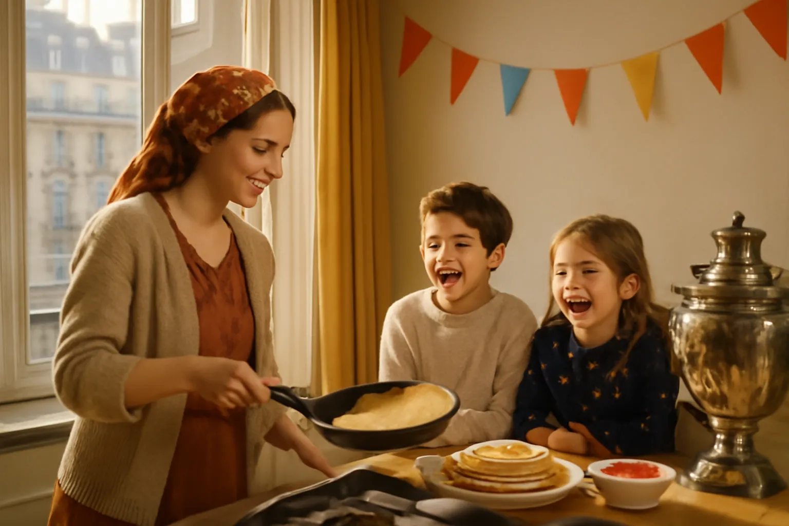 Famille franco-russe célébrant Maslenitsa avec des blinis