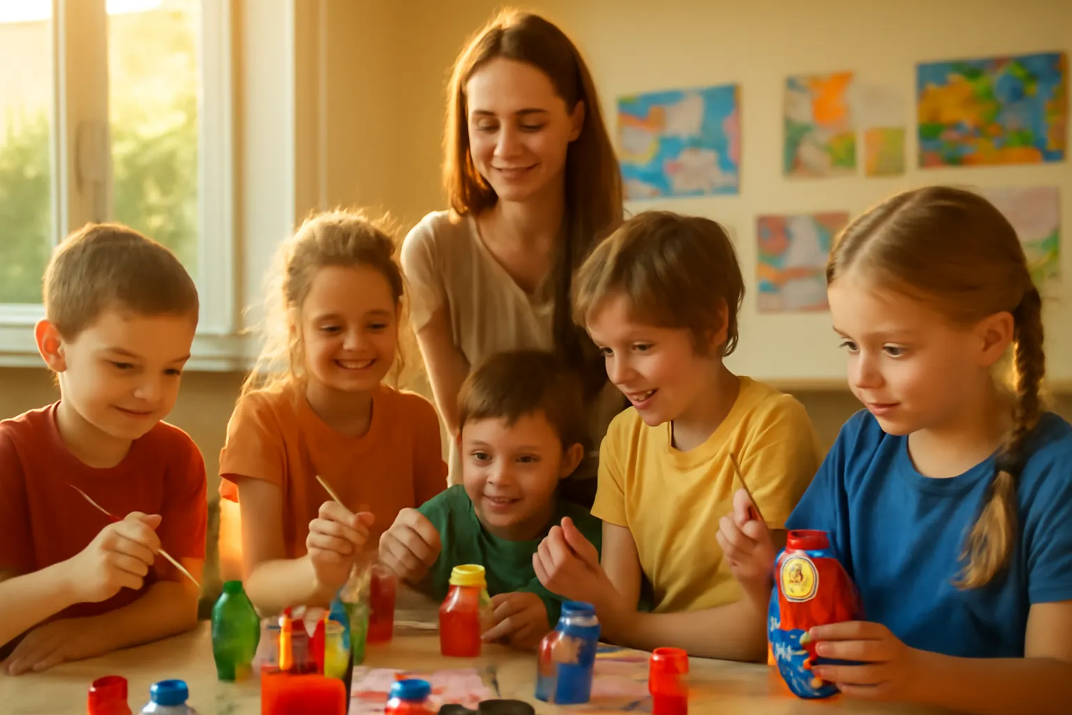 Enfants en colonie russophone activite peinture matriochka