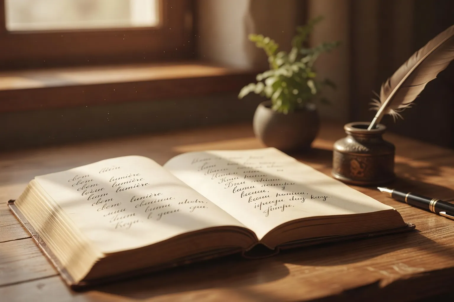 Cahier de russe ouvert avec plume et encrier